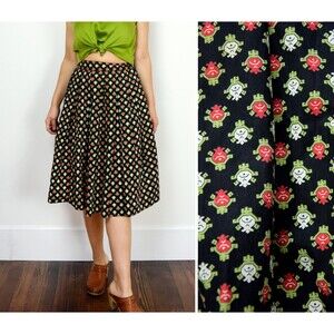 1950s Floral Skirt Size XS 50s Cotton Floral Skirt Black Floral Print Full Skirt